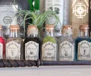 Haunted Apothecary Halloween Mantle with DIY Potion Bottles - Petite Haus